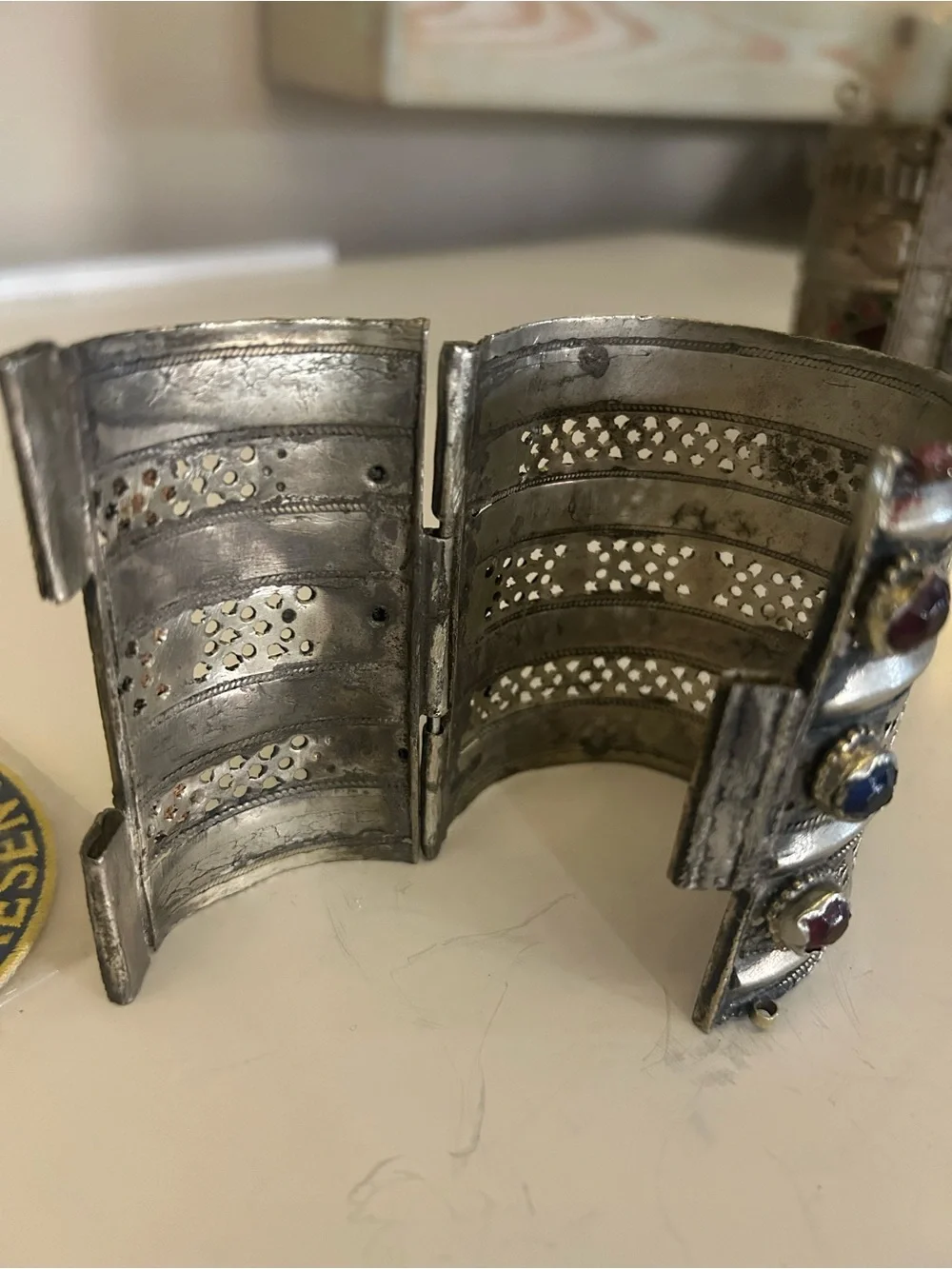 Ethnic Indian Wear Silver-Tone Cuff Bracelet with Red and Blue Stones